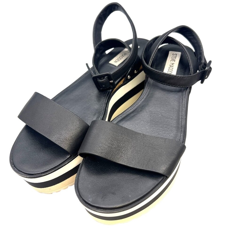 Steve Madden Black Platform Sandals Striped Sole Size 9.5 Straps Adjustable - Picture 3 of 11